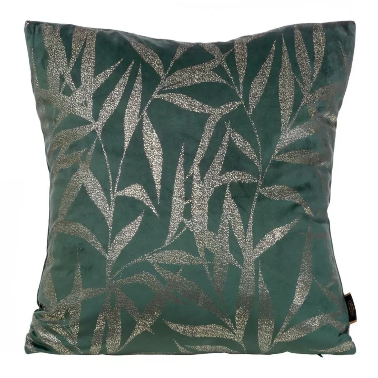 Poszewka na poduszkę 45x45 cm welwetowa kolor ciemnomiętowy ze złocistym nadrukiem liści BLINK 22