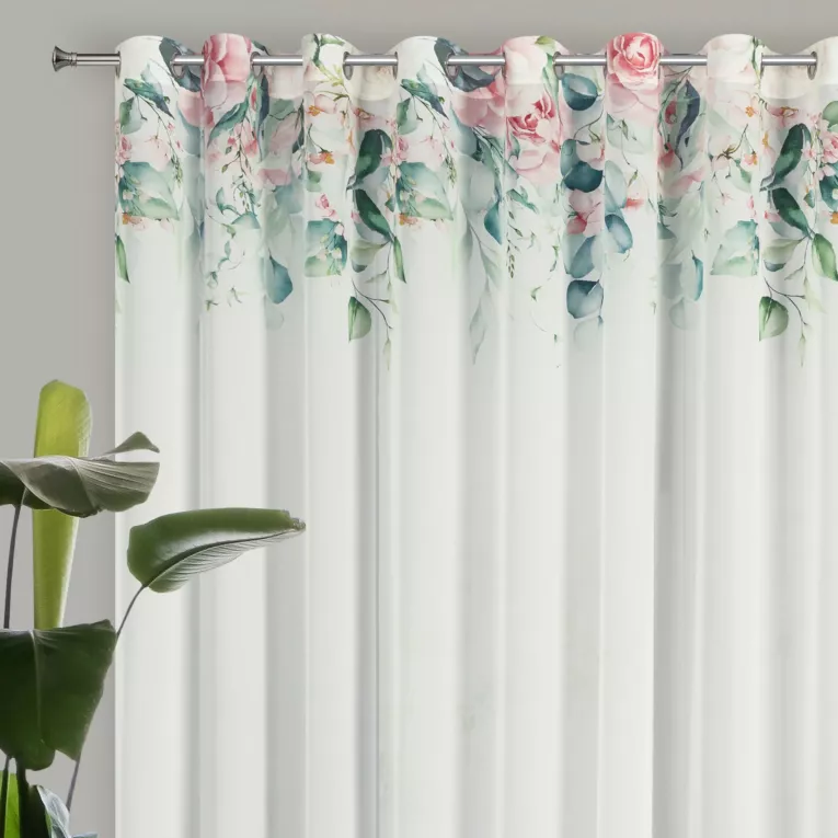 Dekoracja okienna biało, różowa zdobiona nadrukiem kwiatów 350x250 przelotka - ALORA