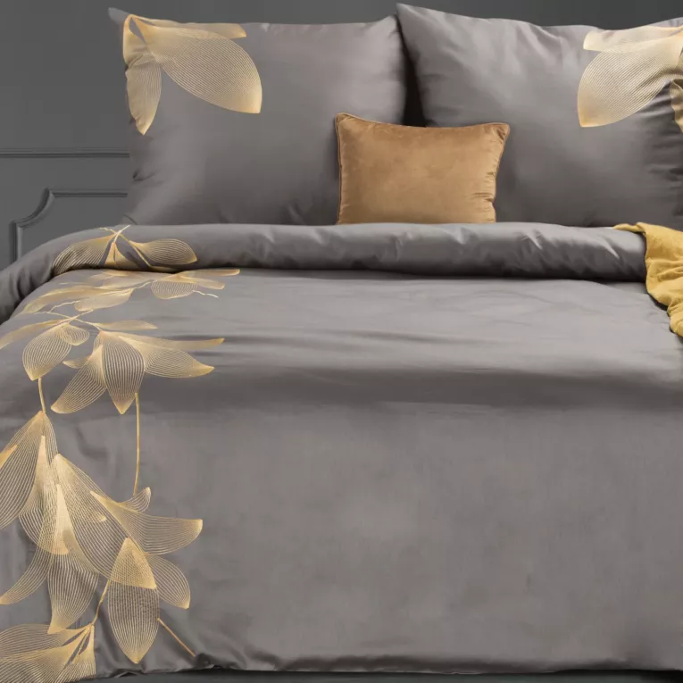 Pościel 220x200 cm z satyny bawełnianej kolor stalowy, złoty z haftowanym wzorem HAFT 7 Eurofirany Premium