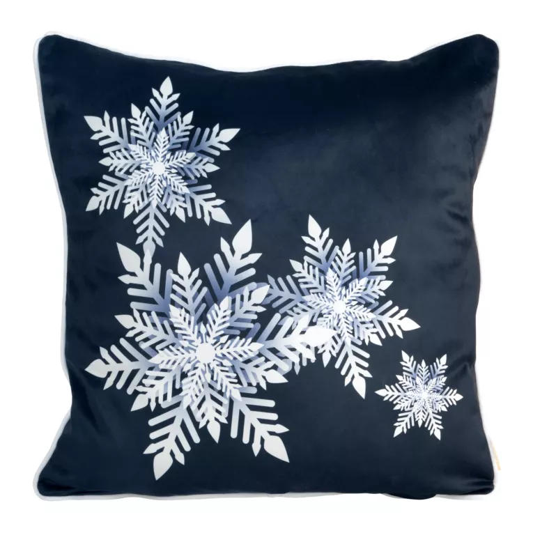 Poszewka na poduszkę 60x60 cm welwetowa, granatowo biała zdobiona nadrukiem ze śnieżynkami CAROL