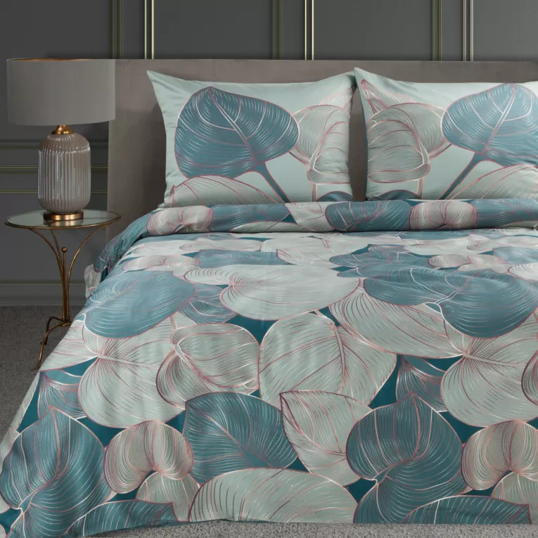 Pościel 160x200 cm z makosatyny bawełnianej kolor szałwiowy, miedziany z wzorem botanicznym SALVIA 4 Limited Collection