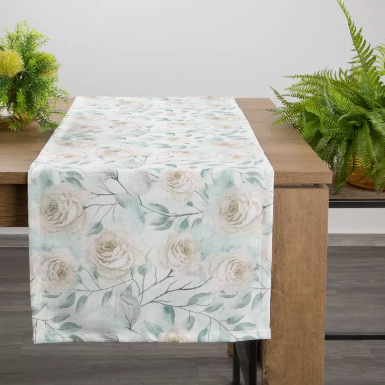 Bieżnik na stół zielono, kremowy 40x140 cm z tkaniny strukturalnej FLORE 9 z nadrukiem pastelowych róż