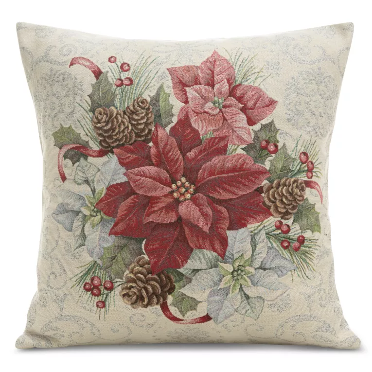 Poszewka na poduszkę 45x45 cm gobelinowa naturalno, czerwona z motywem świątecznym GOB