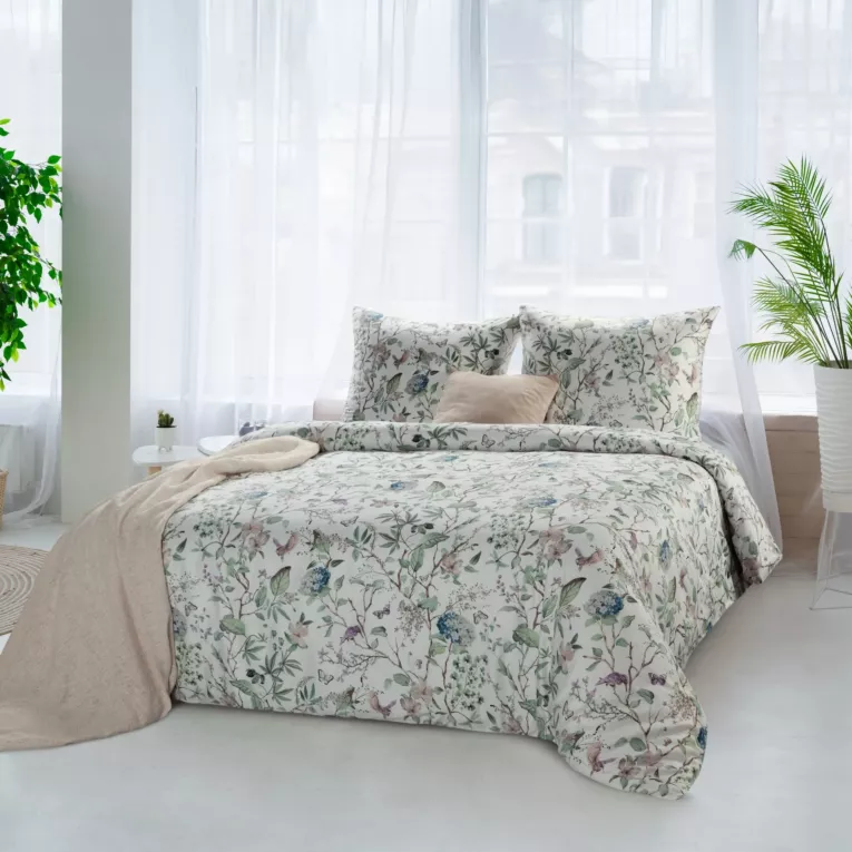 Pościel 140x200 cm bawełniana kolor biały, zielony z motywem botanicznym SPRING 56