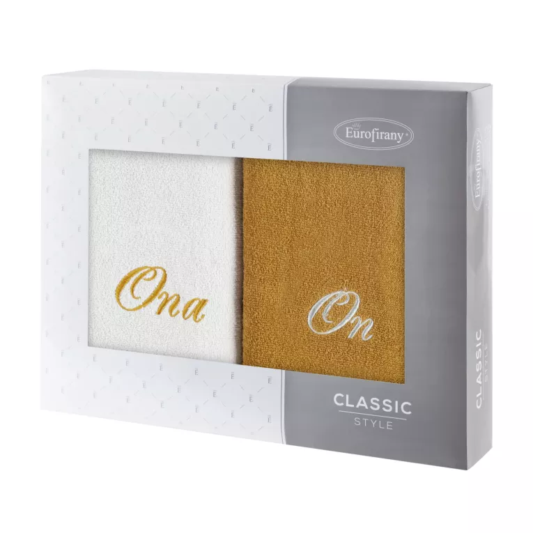 Zestaw ręczników bawełnianych na prezent 2 szt 70x140 cm z haftem ONA I ON kolor srebrny,musztardowy 400 g/m2