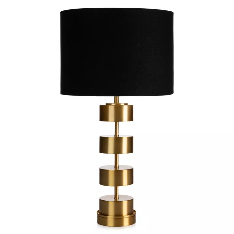 Lampa stołowa do salonu czarno, złota ANGEL o designerskim kształcie z matowym abażurem