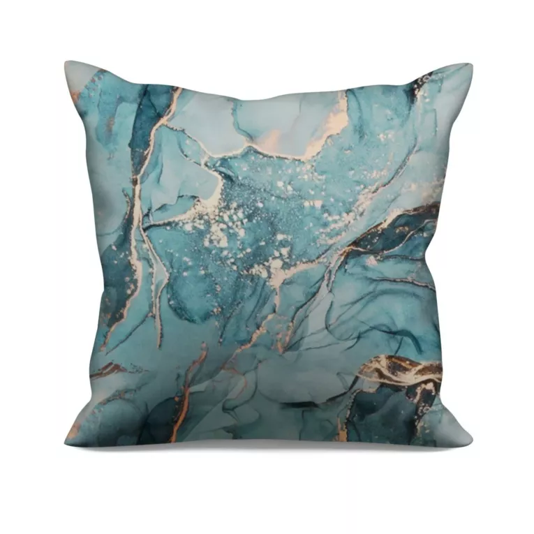 Poszewka szyta turkusowa z tkaniny welwetowej zdobionej delikatnie połyskującym drukiem