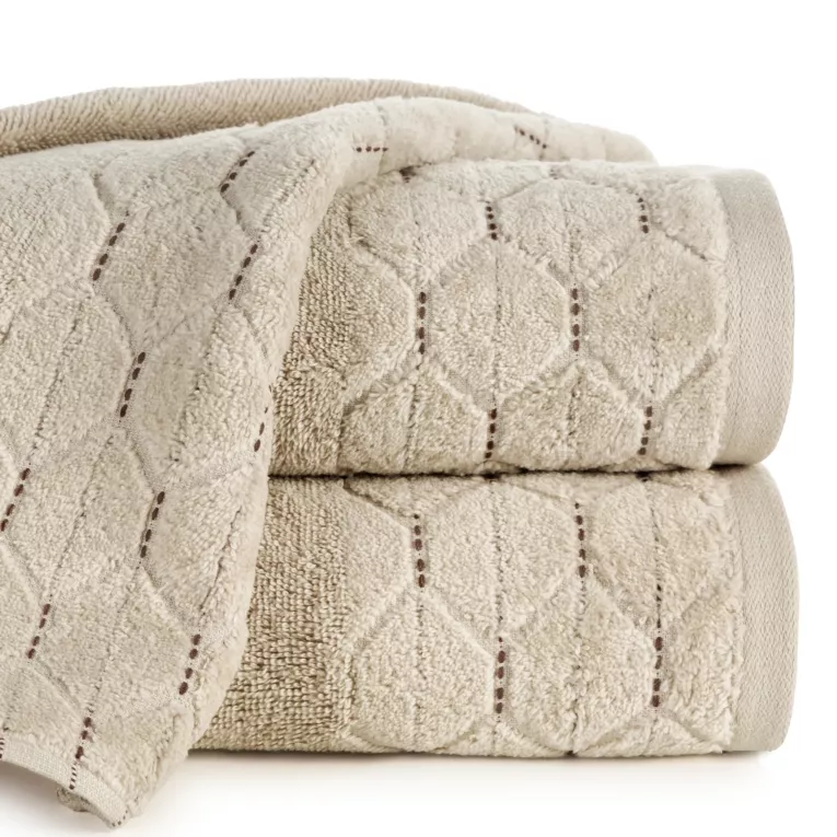 Ręcznik kąpielowy 70x140 cm bawełniany kolor beżowy z welwetową geometryczną bordiurą 500 g/m2 LUMIA