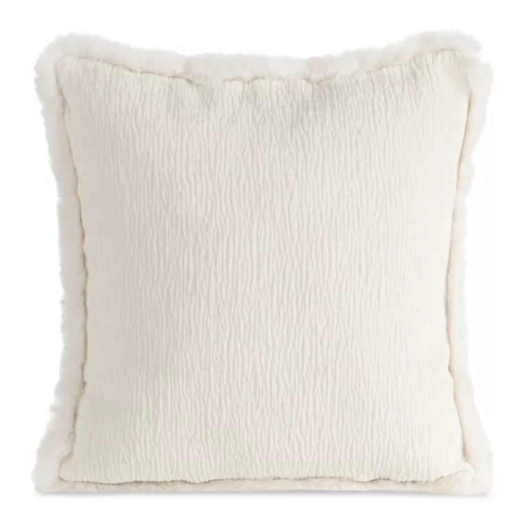 Poszewka na poduszkę 45x45 cm kremowa szenilowa zdobiona futerkiem na brzegach BLANCA 05
