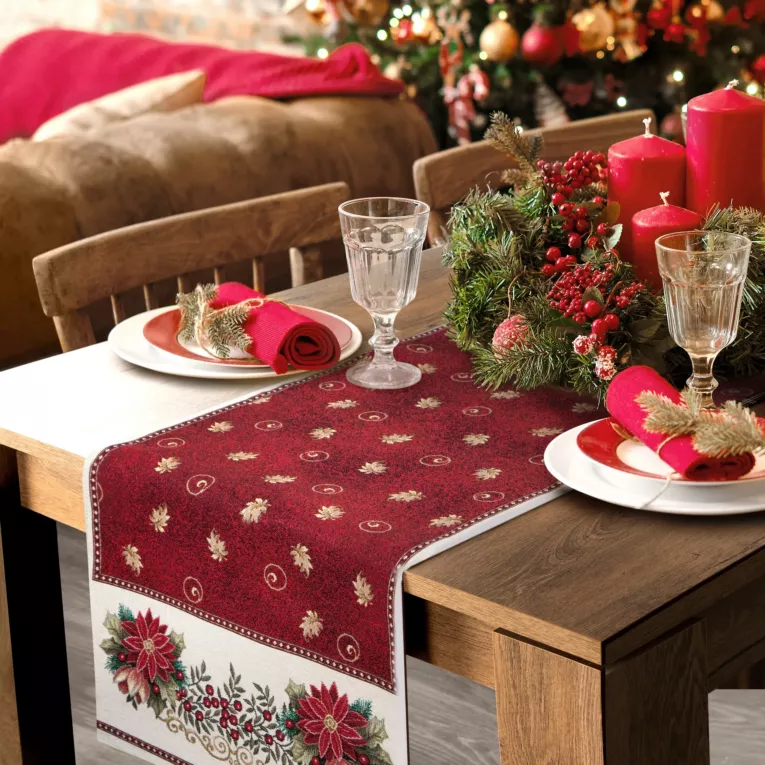 Bieżnik na stół czerwono, beżowy 40x100 cm gobelinowy zdobiony wzorem świątecznym