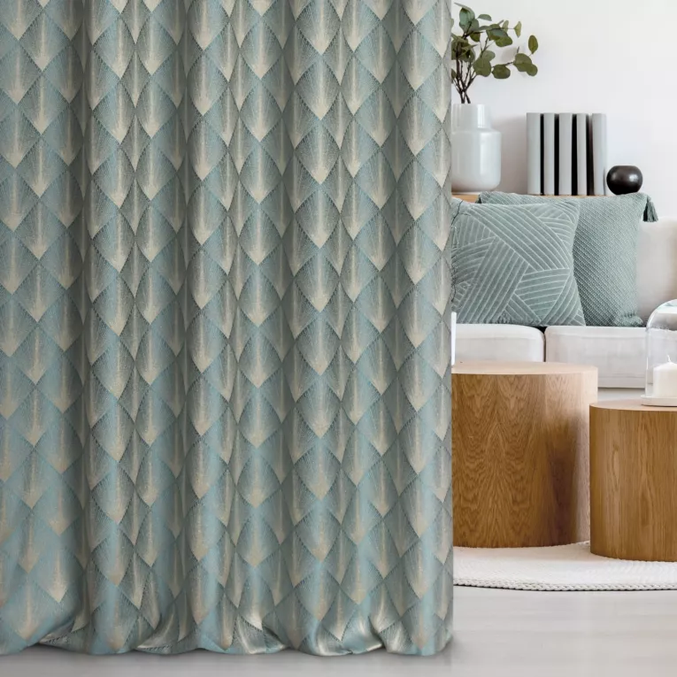 Zasłona szyta na taśmie 5 cm miętowo złota z tkaniny w elegancki geometryczny wzór z błyszczącą nicią