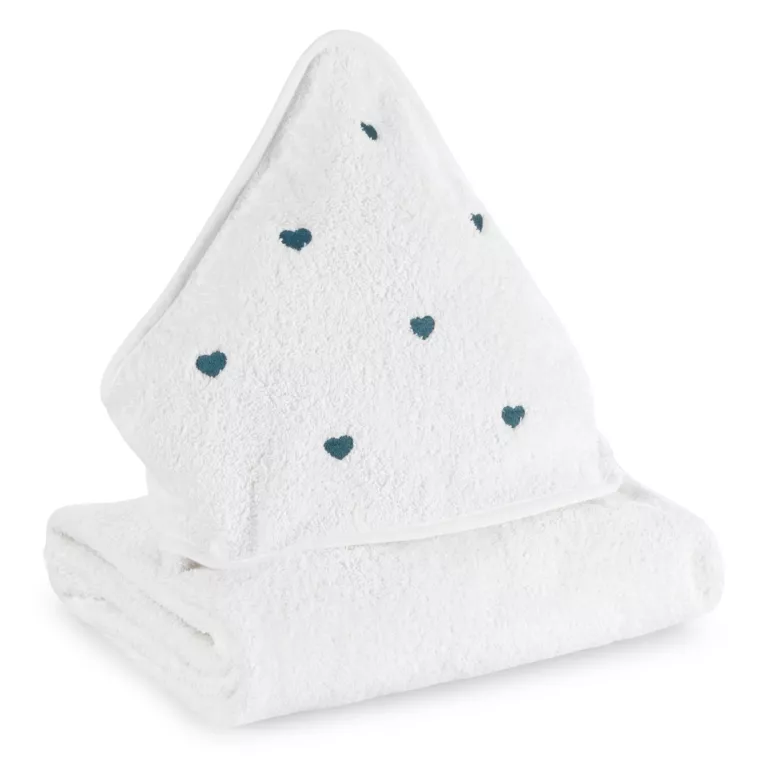 Ręcznik kąpielowy dziecięcy 100x100 cm bawełniany kolor biały,jasnoniebieski z kapturem i haftem serduszek 400 g/m2 BABY 58
