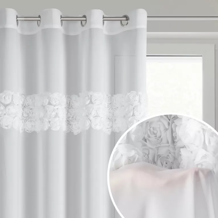 Firana biała z szyfonu zdobiona aplikacją 3D w róże 140x250 cm przelotki - ROSES8 - Eva Minge