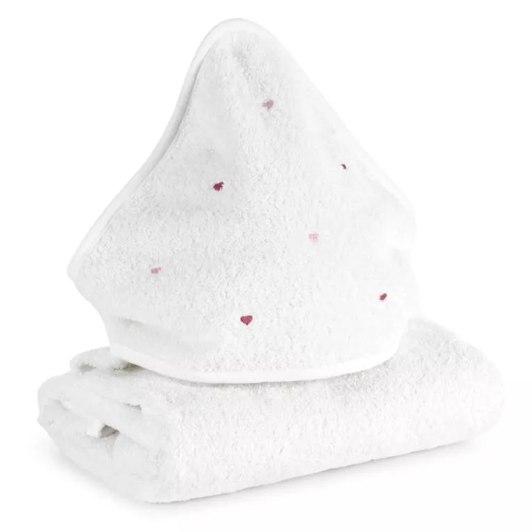 Ręcznik kąpielowy dziecięcy 100x100 cm bawełniany kolor biały, różowy z kapturem i haftem serduszek 400 g/m2 BABY 56