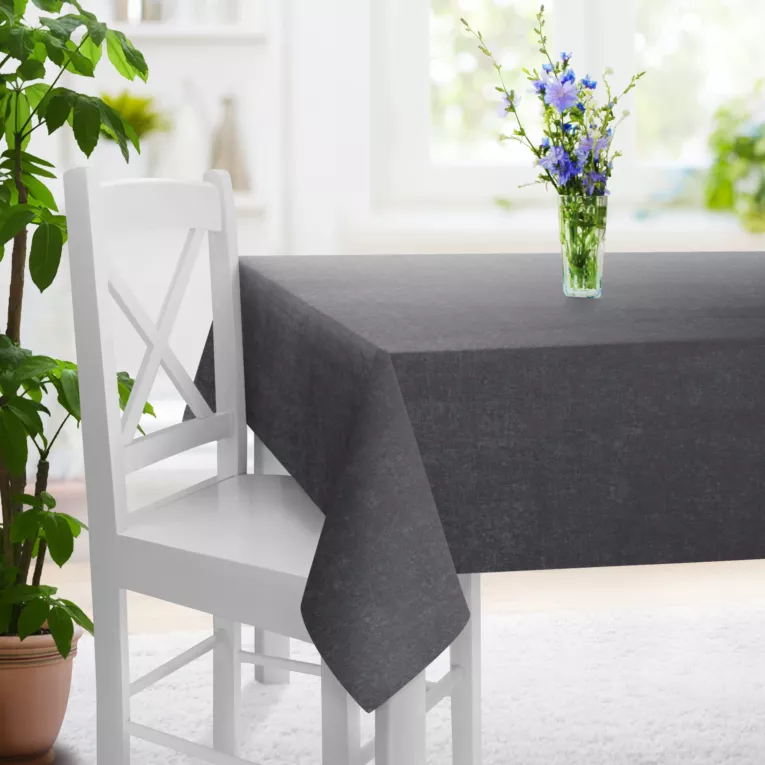 Obrus szyty stalowy z miękkiej tkaniny szenilowej typu dimout o naturalnym splocie