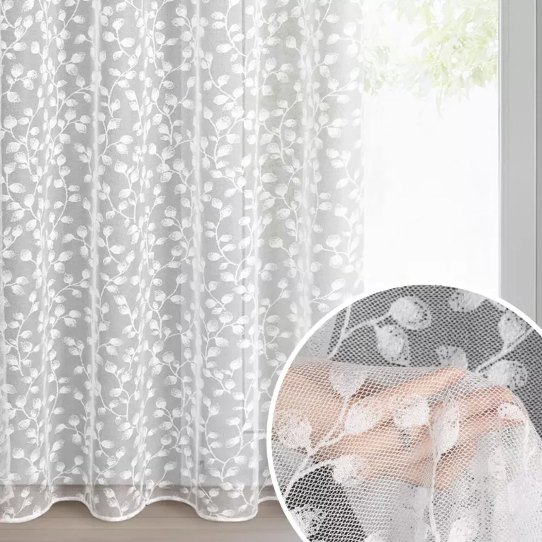 Firana biała żakardowa z roślinnym motywem 140x250 cm przelotka MARCIA