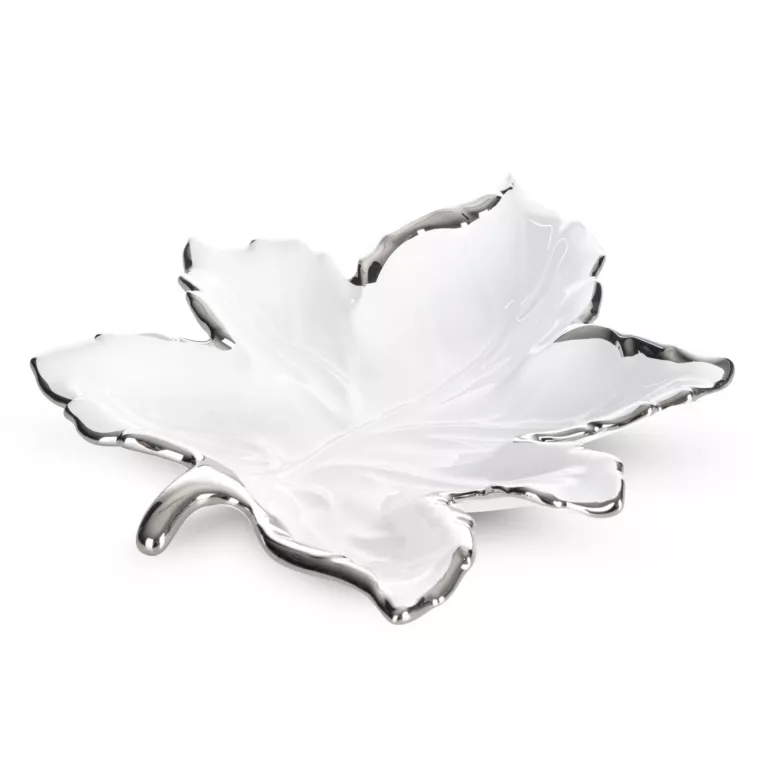 Patera ceramiczna biało-srebrna  w kształcie liścia 28x30x5 cm ABBI