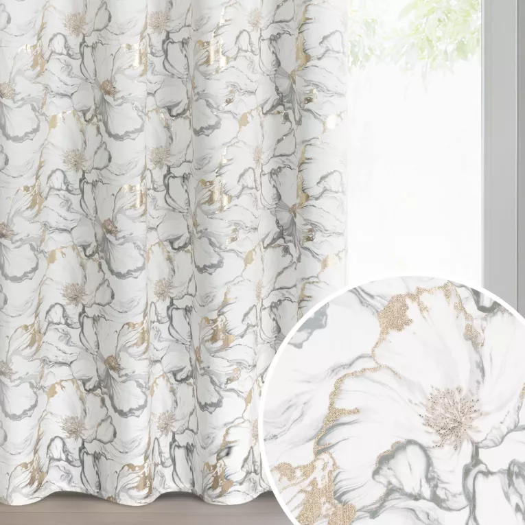 Zasłona biało, szara z welwetu zdobiona nadrukiem kwiatów i szampańskich akcentów 140x250 cm przelotka - LISA