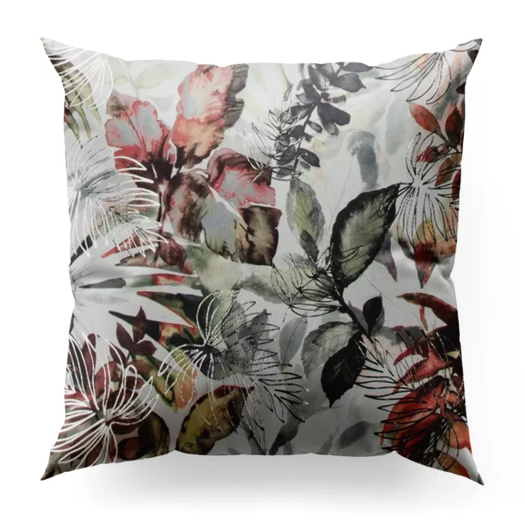 Poszewka szyta biało ruda miękka, welwetowa, z nadrukowanym motywem botanicznym i błyszczącymi elementami