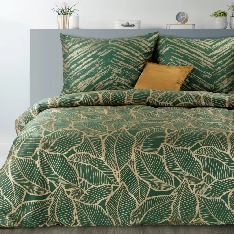 Pościel 220x200 cm bawełniana kolor ciemnozielony, złoty z metalicznym nadrukiem w eleganckim pudełku METALI 16