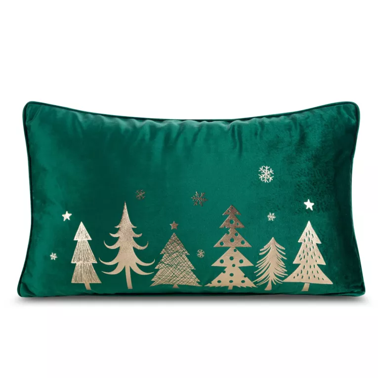 Poszewka na poduszkę 30x50 cm welwetowa, zielono złota z motywem złotych choinek