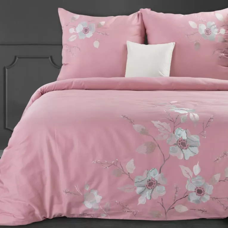 Pościel 160x200 cm komplet 3 częściowy z satyny bawełnianej kolor różowy, jasnoszary haftowana w kwiaty HAFT 6 Eurofirany Premium