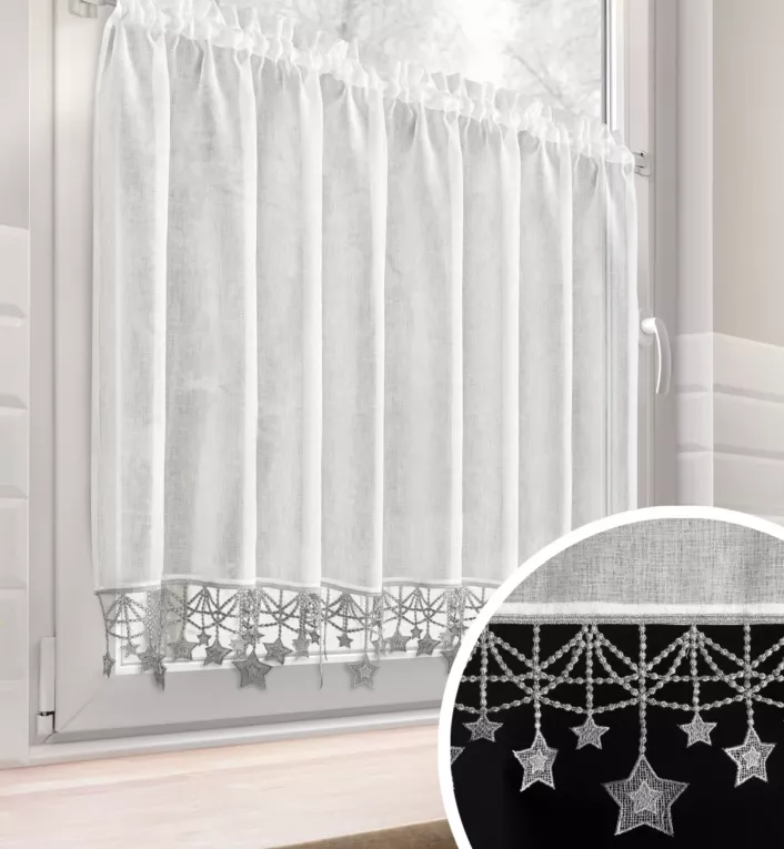 Zazdrostka biało, srebrna z etaminy zdobiona świątecznymi gwiazdkami 150x90 cm tunel - XMAS