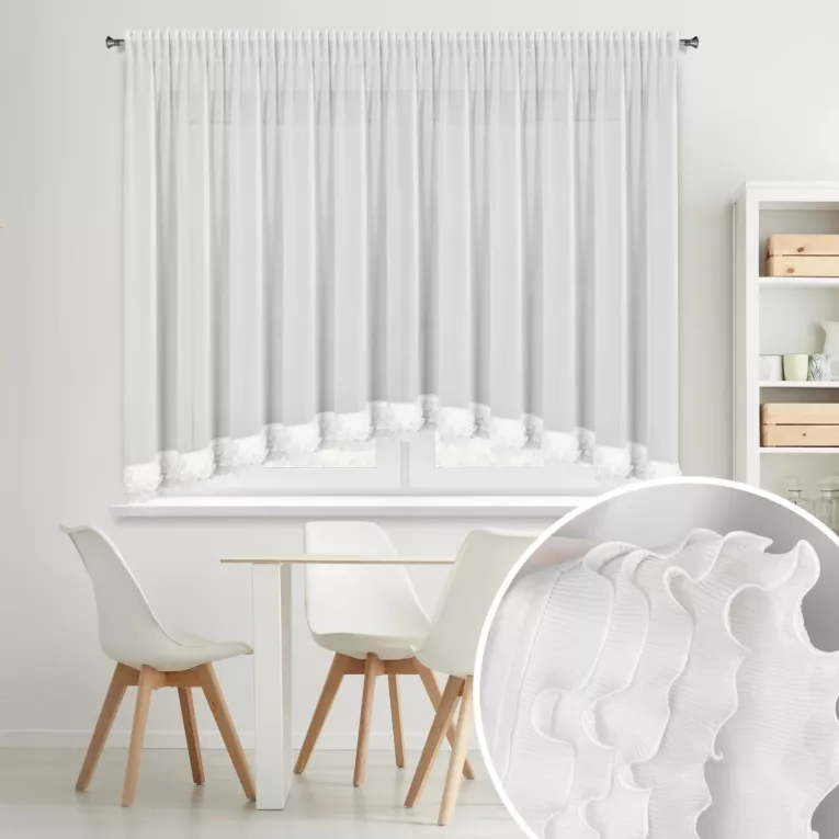 Firana biała z szyfonu zdobiona falbanką układającą się w łuk 400x160 cm taśma - LUISA