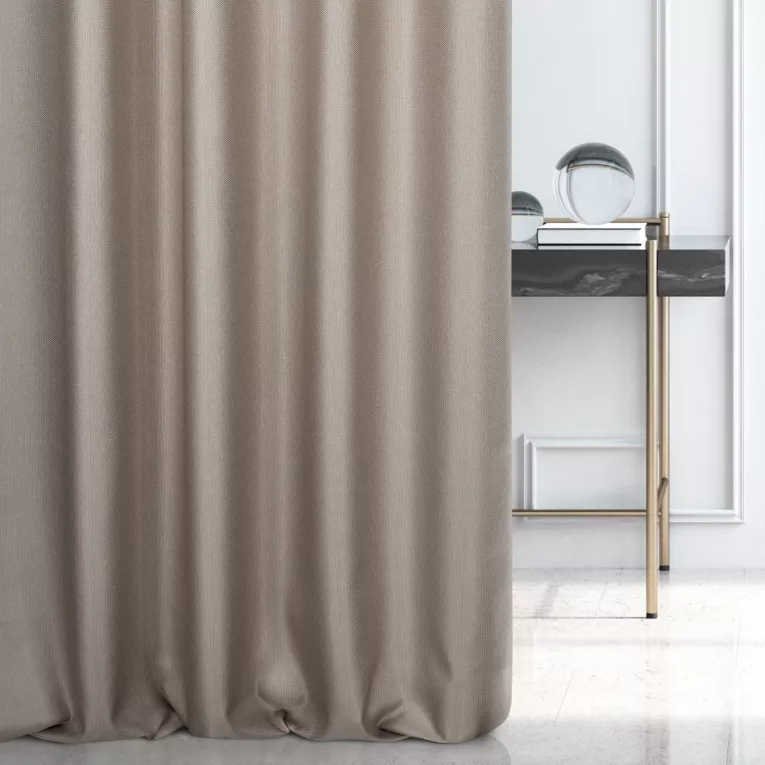 Zasłona szyta na flexach szara z tkaniny z dodatkiem połyskującej nici, z widocznym ozdobnym splotem