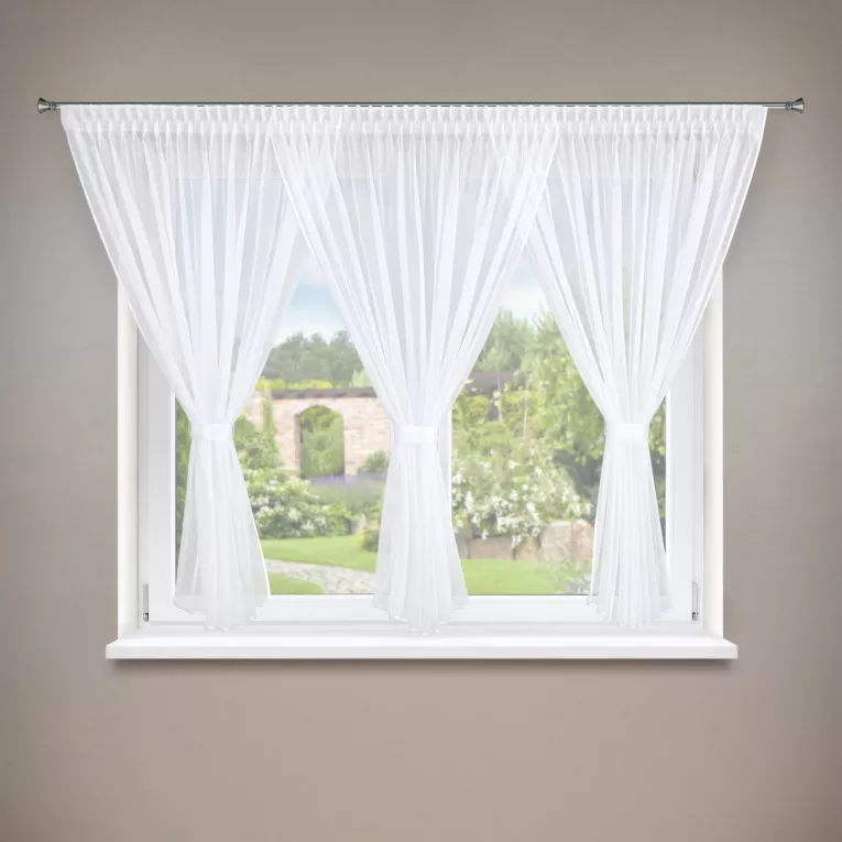 Dekoracja okienna biała z gładkiej markizety z trzema upięciami 400x160 cm taśma JOKO