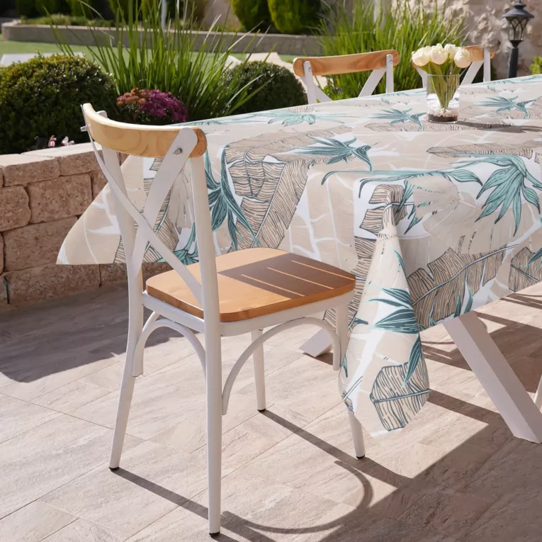 Obrus beżowo, turkusowy 140x220 cm wodoodporny GARDEN na taras oraz balkon z motywem liści bananowca