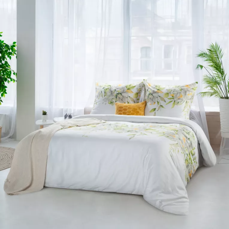 Pościel 220x200 cm bawełniana kolor biały, jasnozielony z subtelnym botanicznym wzorem SPRING 22