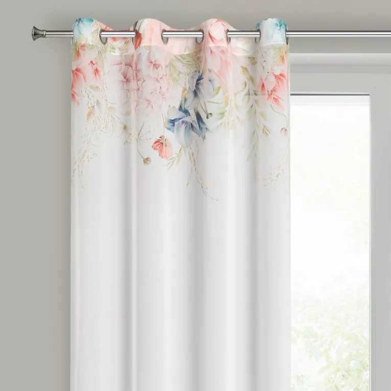 Zasłona biało, różowa zdobiona wzorem botanicznym z etaminy 135x250 przelotka - ARLENA
