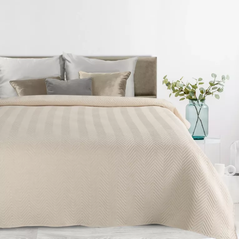 Narzuta z tkaniny o strukturze lnu kremowa 200x220 cm pikowana w wzór jodełki LEN 3 Eurofirany Premium