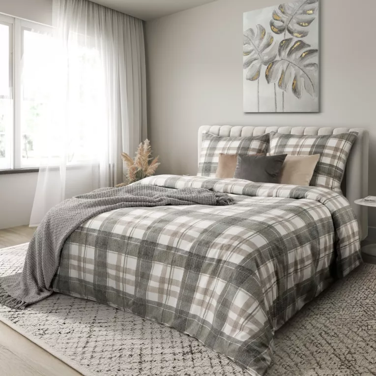 Pościel 220x200 cm bawełniana kolor biały, szary z wzorem klasycznej kraty SPRING 58