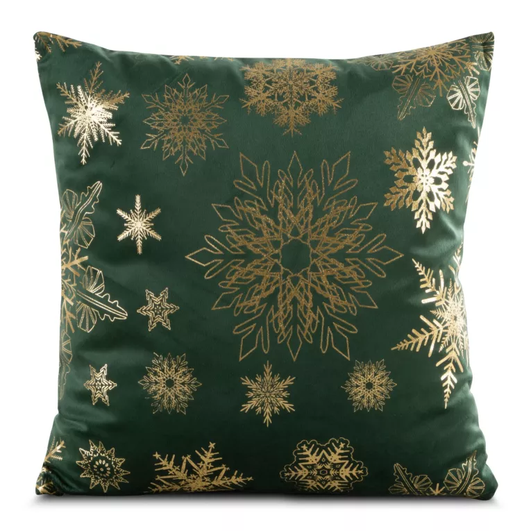 Poszewka na poduszkę 45x45 cm welwetowa, zielono złota zdobiona śnieżynkami JOY