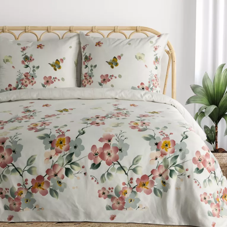 Pościel 220x200 cm z satyny bawełnianej kolor biały, różowy z wzorem kwiatowym ELLA 17 w kwiaty