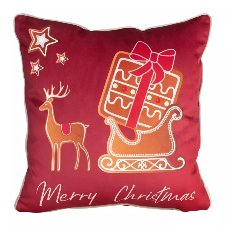 Poszewka na poduszkę 60x60 cm welwetowa, czerwona ze świątecznym motywem pierników GINGER