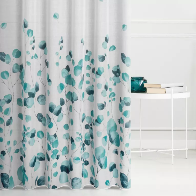 Tkanina firanowa lekka matowa etamina z  nadrukiem listków, wykończona obciążnikiem