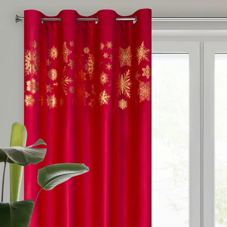 Zasłona czerwono, złota zdobiona świątecznymi śnieżynkami 140x250 przelotka ASTRA