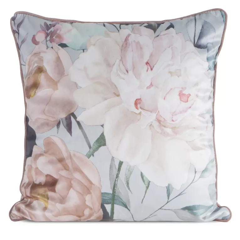 Poszewka na poduszkę 45x45 srebrna, różowa welwetowa z subtelnym motywem kwiatów  ROSITA 2