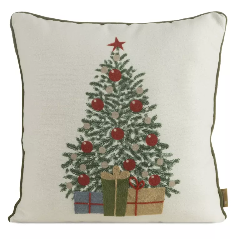 Poszewka na poduszkę świąteczna 45x45 cm beżowo, zielona z haftem choinki