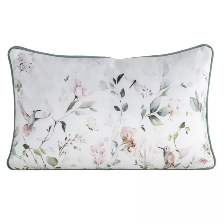 Poduszka  45 x 30 cm dwustronna welwetowa biało, zielona z motywem roślinnym z wypustką na brzegach INEZ EUROFIRANY PREMIUM