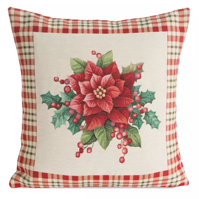 Poszewka na poduszkę 45x45 cm bawełniana, gobelinowa naturalno, czerwona zdobiona motywem gwiazdy betlejemskiej GOB