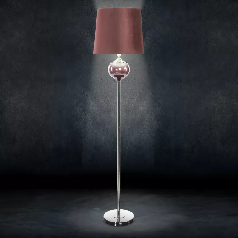 Lampa stojąca do pokoju bordowa BETH na podstawie łączącej perłowe szkło i metal z welwetowym abażurem