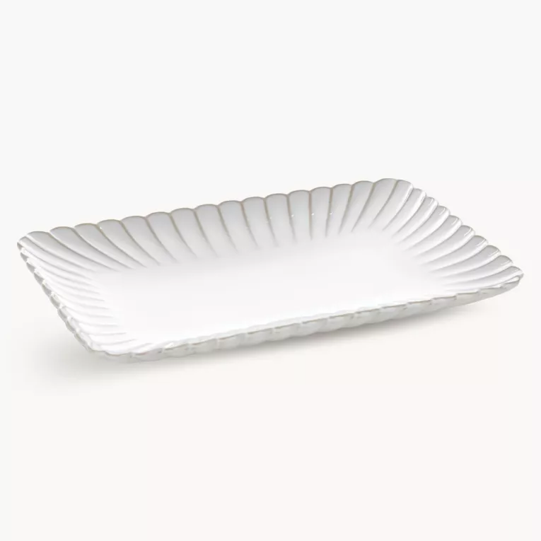 Patera ceramiczna dekoracyjna kremowo-beżowa prostokątna  zdobiona przecieranym wzorem w stylu eko 32x20x3 cm AVRIL