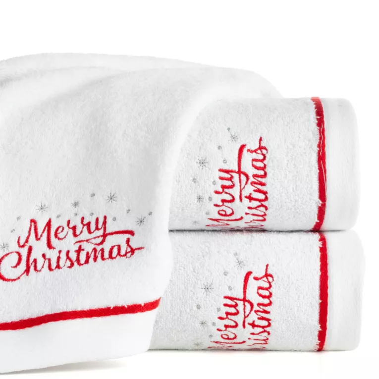 Ręcznik kąpielowy świąteczny 50x90 cm bawełniany kolor biały,czerwony zdobiona świątecznym haftem 450 g/m2 GERDA