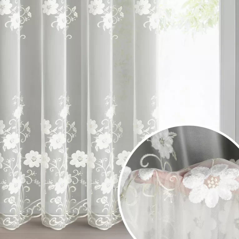 Firana kremowa z siateczki zdobiona subtelnym haftem 140x250 cm przelotka - SALI