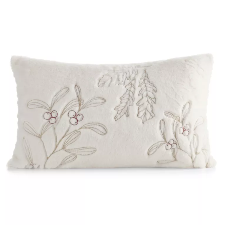 Poszewka na poduszkę  30x50 cm kremowo, złota z przyjemnego futerka zdobiona świątecznym haftem gałązek