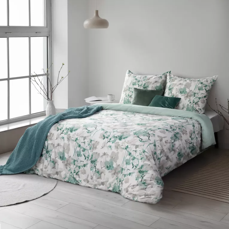 Pościel 220x200 cm bawełniana kolor biały, miętowy z kwiatowym wzorem SPRING 11
